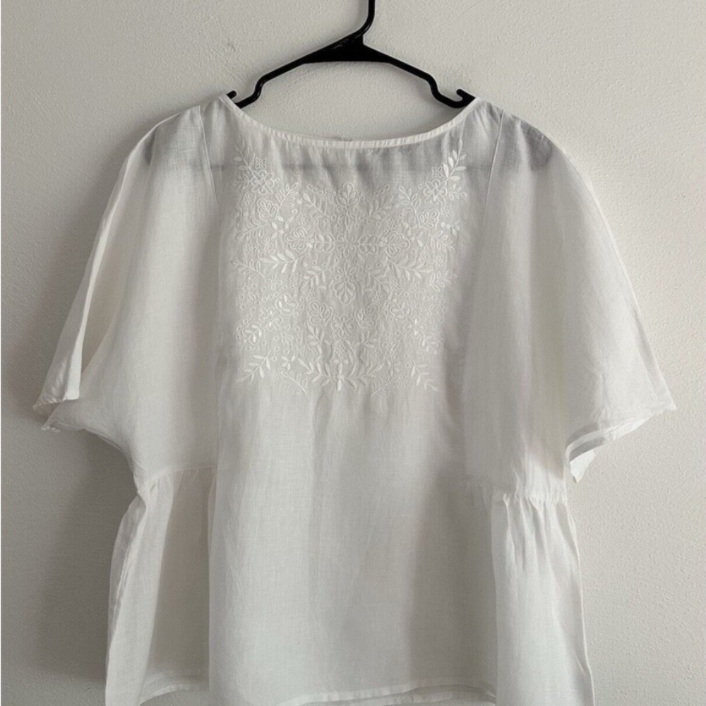 Lands End 100% Linen Blouse Women Size 12  White Top With Embroidery NWOT